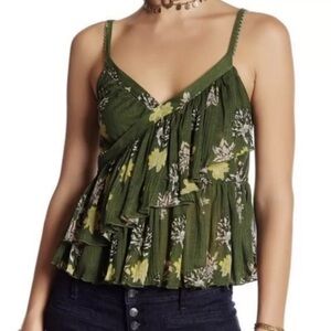 Free People Melbourne Green Floral Ruffle Tank